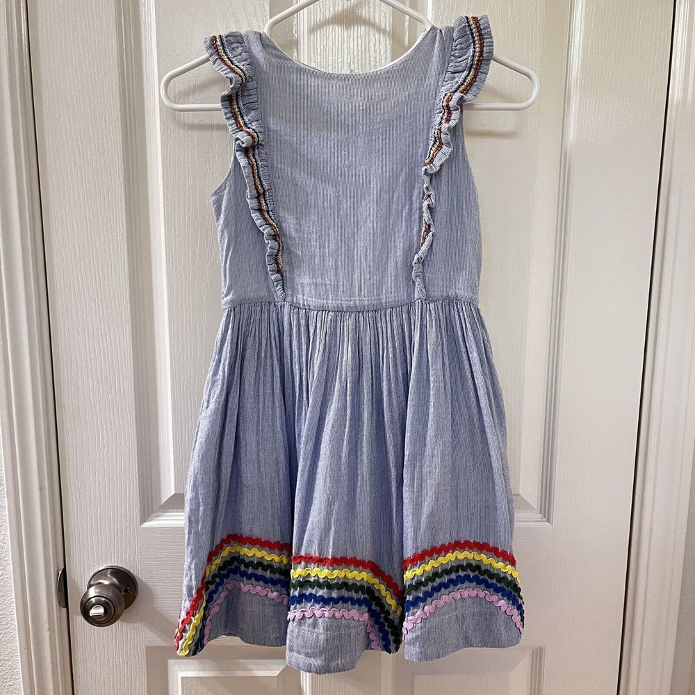 Mini Boden Blue Chambray Striped Rainbow Ric Rac Ruffle Dress Girls Size 9-10